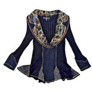 Sioni Black Abstract Sweater Cardigan Mixed Yarn Regular Medium